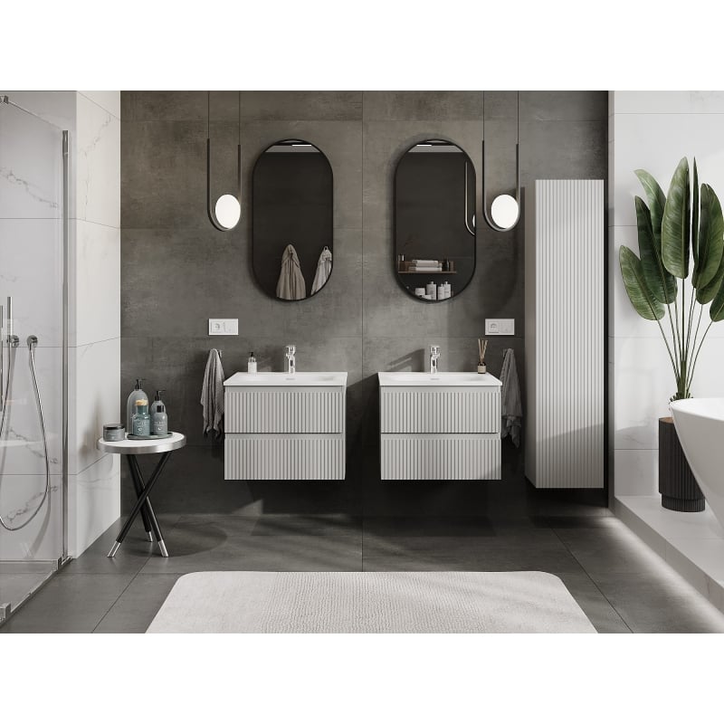 Mexen Rivel 60 cm bathroom cabinet with Vela sink, 2 drawers, fluted, gray matte/white matte - 91A20-06047-2-BFF62-W23M01