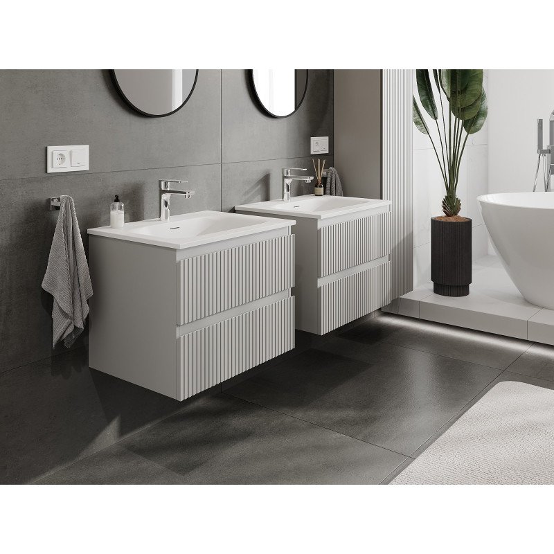 Mexen Rivel 60 cm bathroom cabinet with Vela sink, 2 drawers, fluted, gray matte/white matte - 91A20-06047-2-BFF62-W23M01