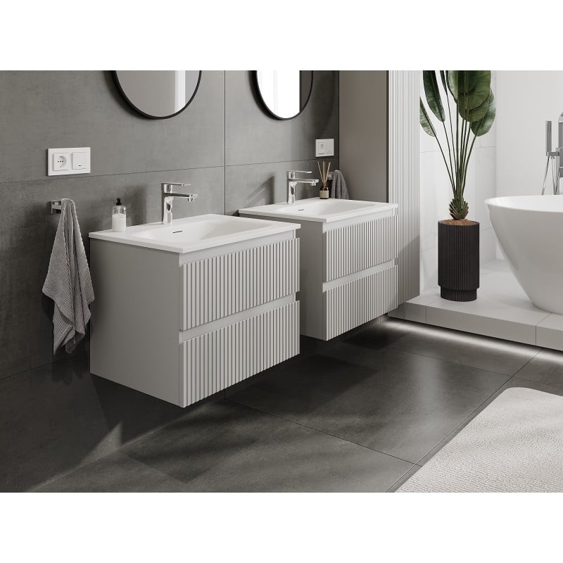 Mexen Rivel bathroom cabinet 60 cm with Vela sink, 2 drawers, fluted, grey matt/white matt - 91A20-06047-2-BFF62-W23M01