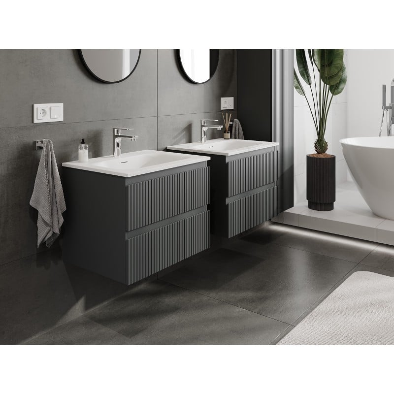 Mexen Rivel bathroom cabinet 60 cm with sink Vela, 2 drawers, grooved, graphite matt/white matt - 91A20-06047-2-BFF66-W23M0