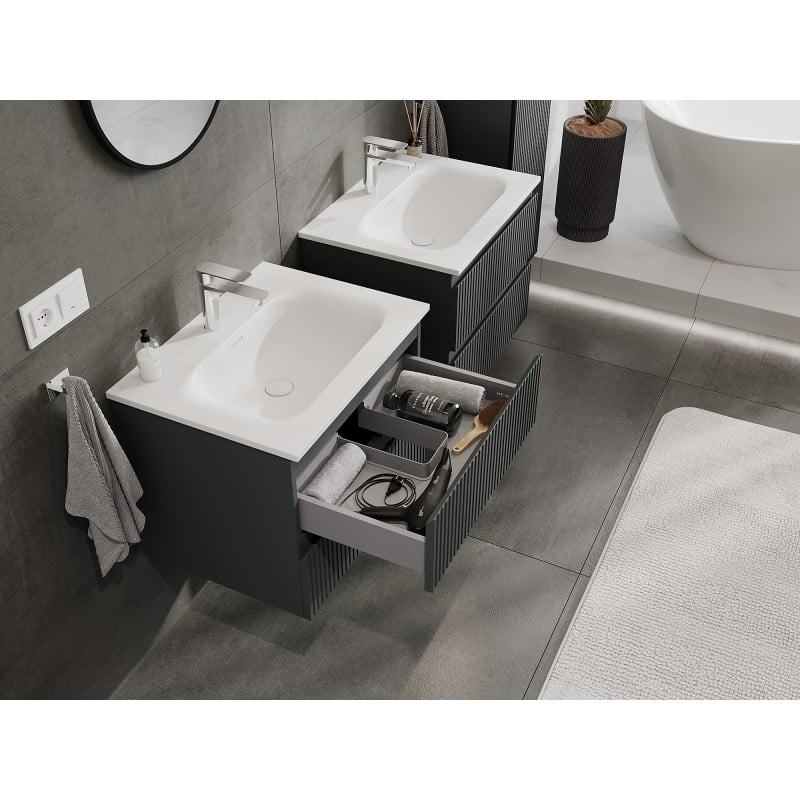 Mexen Rivel bathroom cabinet 60 cm with sink Vela, 2 drawers, grooved, graphite matt/white matt - 91A20-06047-2-BFF66-W23M0