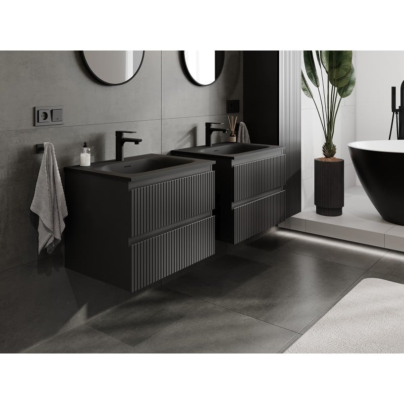 Mexen Rivel 60 cm Bathroom Cabinet with Vela Sink, 2 Drawers, Grooved, Black Matte - 91A20-06047-2-BFF71-W23M71