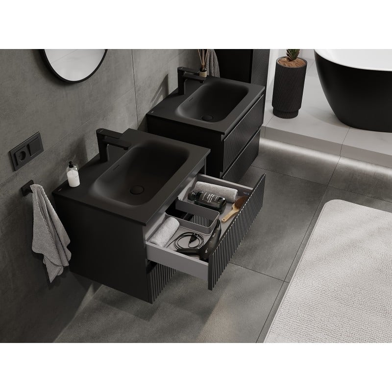Mexen Rivel 60 cm Bathroom Cabinet with Vela Sink, 2 Drawers, Grooved, Black Matte - 91A20-06047-2-BFF71-W23M71