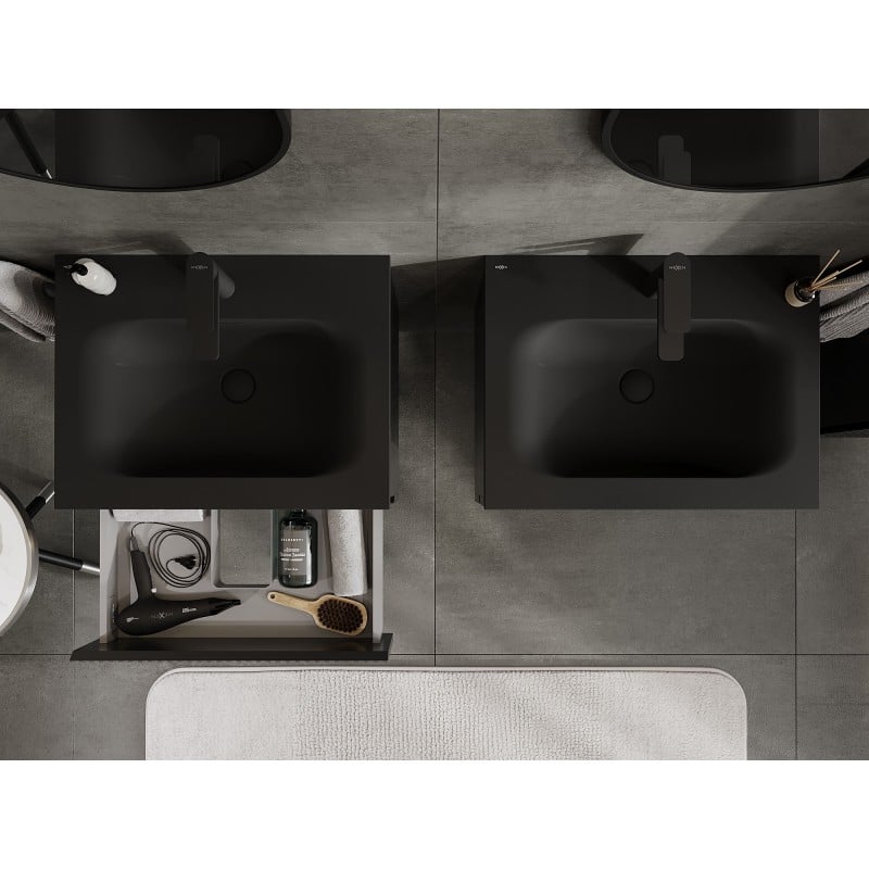 Mexen Rivel 60 cm Bathroom Cabinet with Vela Sink, 2 Drawers, Grooved, Black Matte - 91A20-06047-2-BFF71-W23M71