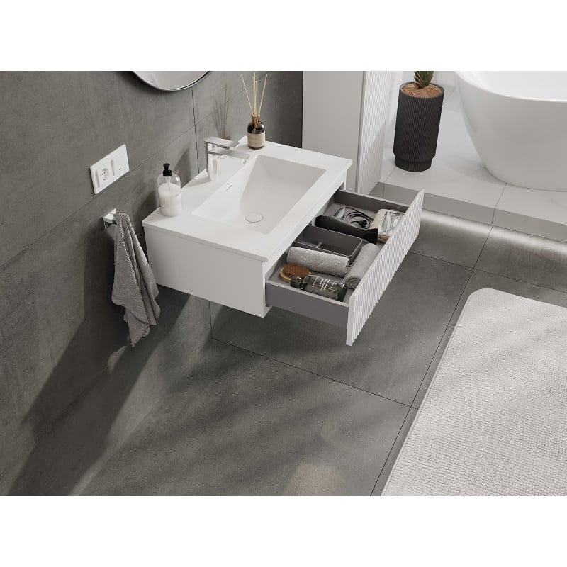 Mexen Rivel bathroom cabinet 70 cm with Otis sink, 1 drawer, grooved, white matt - 91A20-07023-1-BF01-W18M01