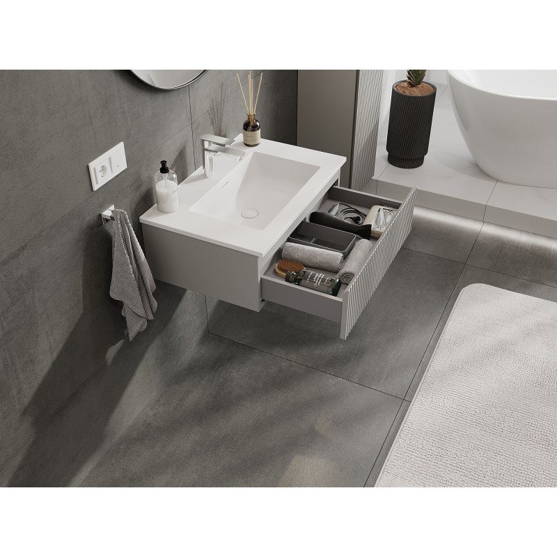 Mexen Rivel bathroom cabinet 70 cm with Otis sink, 1 drawer, fluted, grey matte/white matte - 91A20-07023-1-BF62-W18M01
