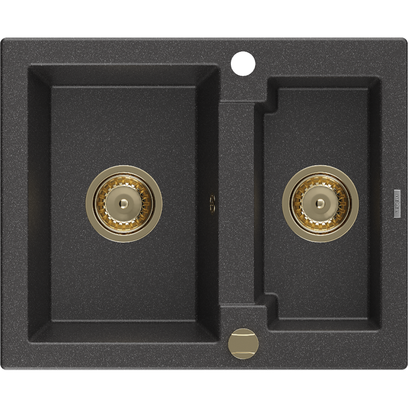 Mexen Carlos 1.5-bowl granite sink 582 x 475 mm, black speckled, gold siphon - 6518581500-76-G
