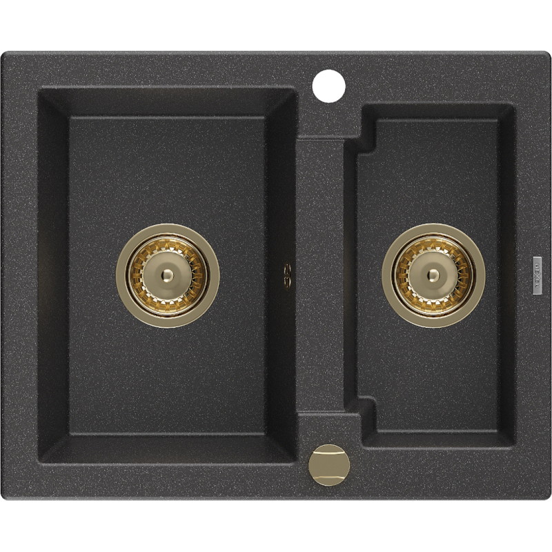 Mexen Carlos 1.5-bowl granite sink 582 x 475 mm, black speckled, golden siphon - 6518581500-76-G