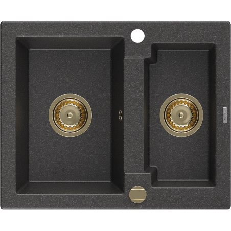 Mexen Carlos 1.5-bowl granite sink 582 x 475 mm, black speckled, gold siphon - 6518581500-76-G