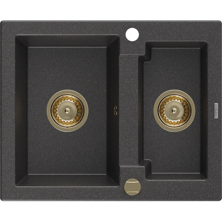 Mexen Carlos granite sink 1.5-bowl 582 x 475 mm, black speckled, gold siphon - 6518581500-76-G