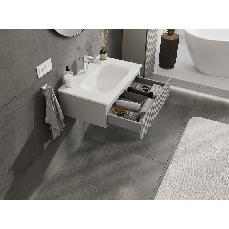 Mexen Rivel bathroom cabinet 70 cm with Vela sink, 1 drawer, fluted, gray matte/white matte - 91A20-07023-1-BF62-W23M01