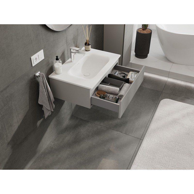 Mexen Rivel bathroom cabinet 70 cm with Vela washbasin, 1 drawer, fluted, grey matte/white matte - 91A20-07023-1-BF62-W23M01