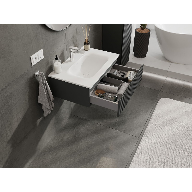 Mexen Rivel 70 cm Bathroom Cabinet with Vela Sink, 1 Drawer, Grooved, Matte Graphite/Matte White - 91A20-07023-1-BF66-W23M01