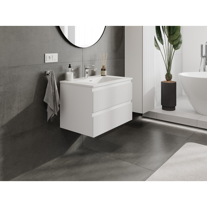 Mexen Rivel 70 cm bathroom cabinet with sink Otis, 2 drawers, fluted, white matte - 91A20-07047-2-BFF01-W18M01