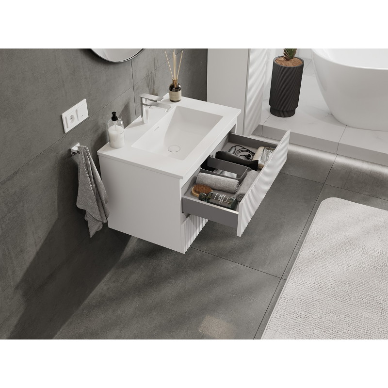 Mexen Rivel 70 cm bathroom cabinet with sink Otis, 2 drawers, fluted, white matte - 91A20-07047-2-BFF01-W18M01