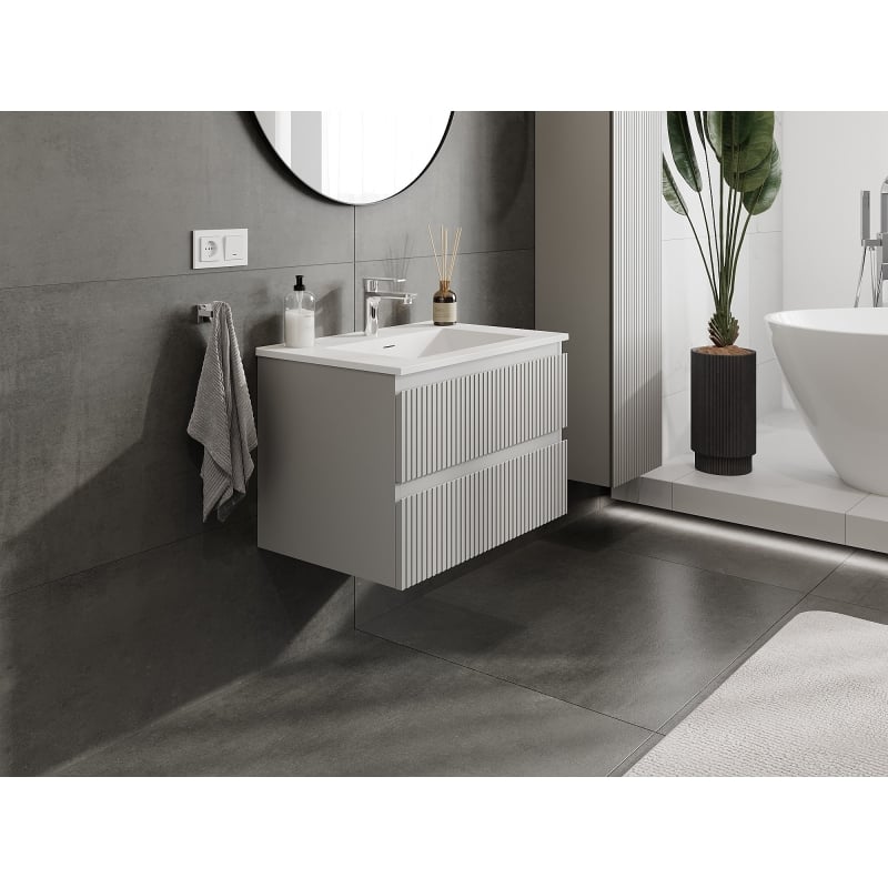 Mexen Rivel 70 cm bathroom cabinet with Otis sink, 2 drawers, grooved, gray matte/white matte - 91A20-07047-2-BFF62-W18M01