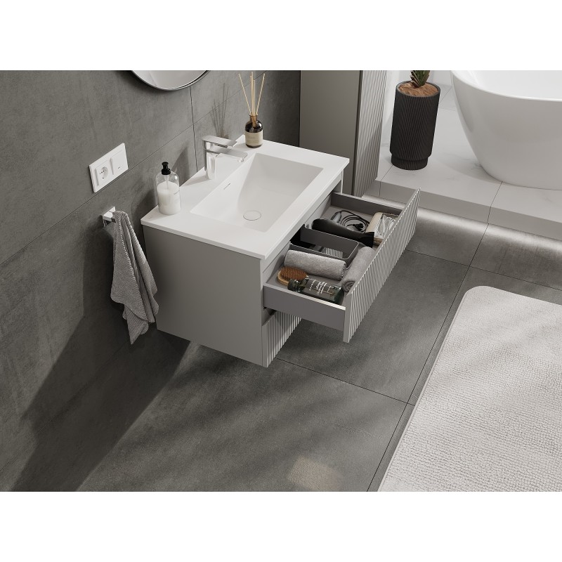 Mexen Rivel 70 cm Bathroom Cabinet with Otis Basin, 2 Drawers, Grooved, Grey Matte/White Matte - 91A20-07047-2-BFF62-W18M01