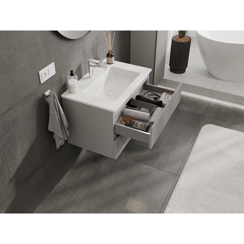 Mexen Rivel 70 cm bathroom cabinet with Otis sink, 2 drawers, grooved, gray matte/white matte - 91A20-07047-2-BFF62-W18M01