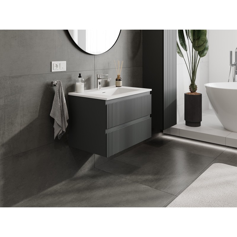 Mexen Rivel bathroom cabinet 70 cm with sink Otis, 2 drawers, fluted, graphite matte/white matte - 91A20-07047-2-BFF66-W18M0