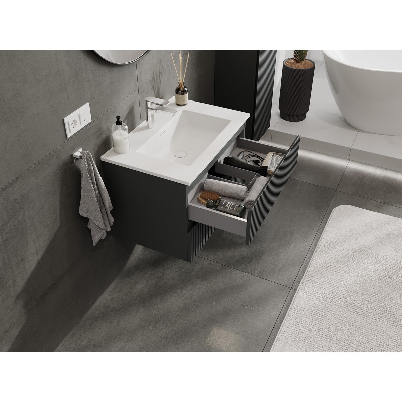 Mexen Rivel bathroom cabinet 70 cm with sink Otis, 2 drawers, fluted, graphite matte/white matte - 91A20-07047-2-BFF66-W18M0