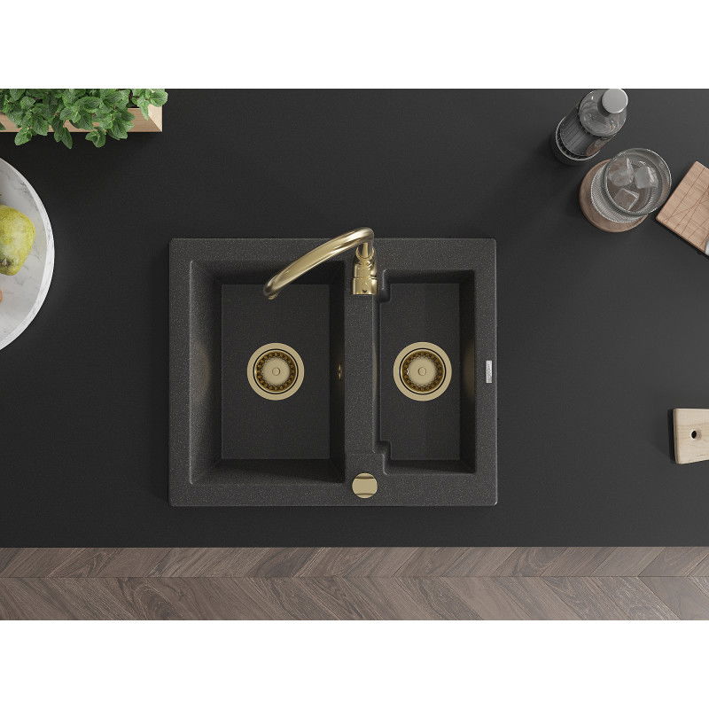 Mexen Carlos granite sink 1.5-bowl 582 x 475 mm, black speckled, gold siphon - 6518581500-76-G