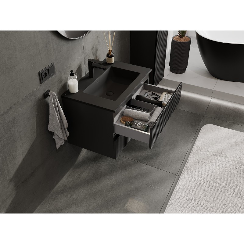 Mexen Rivel 70 cm Bathroom Cabinet with Otis Sink, 2 Drawers, Grooved, Black Matte - 91A20-07047-2-BFF71-W18M71