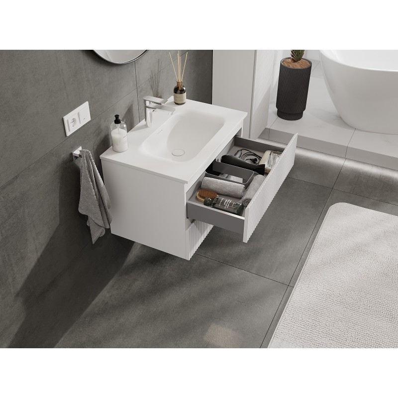 Mexen Rivel bathroom cabinet 70 cm with Vela washbasin, 2 drawers, grooved, white matte - 91A20-07047-2-BFF01-W23M01