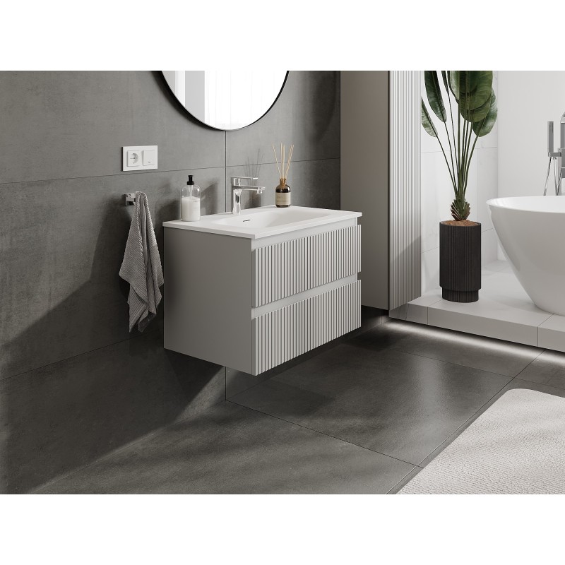 Mexen Rivel bathroom cabinet 70 cm with Vela sink, 2 drawers, grooved, grey matt/white matt - 91A20-07047-2-BFF62-W23M01