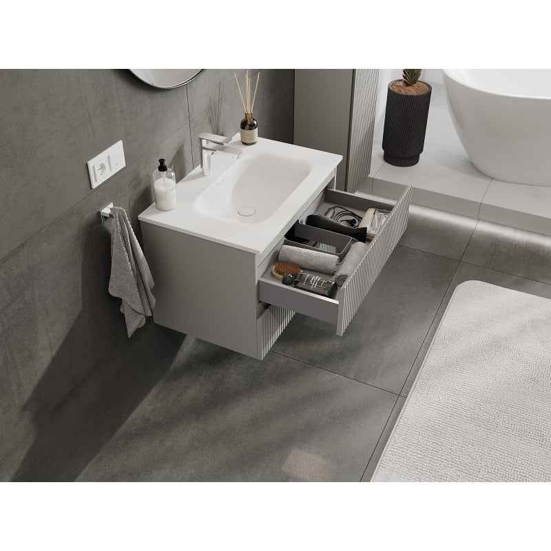 Mexen Rivel bathroom cabinet 70 cm with Vela sink, 2 drawers, fluted, gray matte/white matte - 91A20-07047-2-BFF62-W23M01