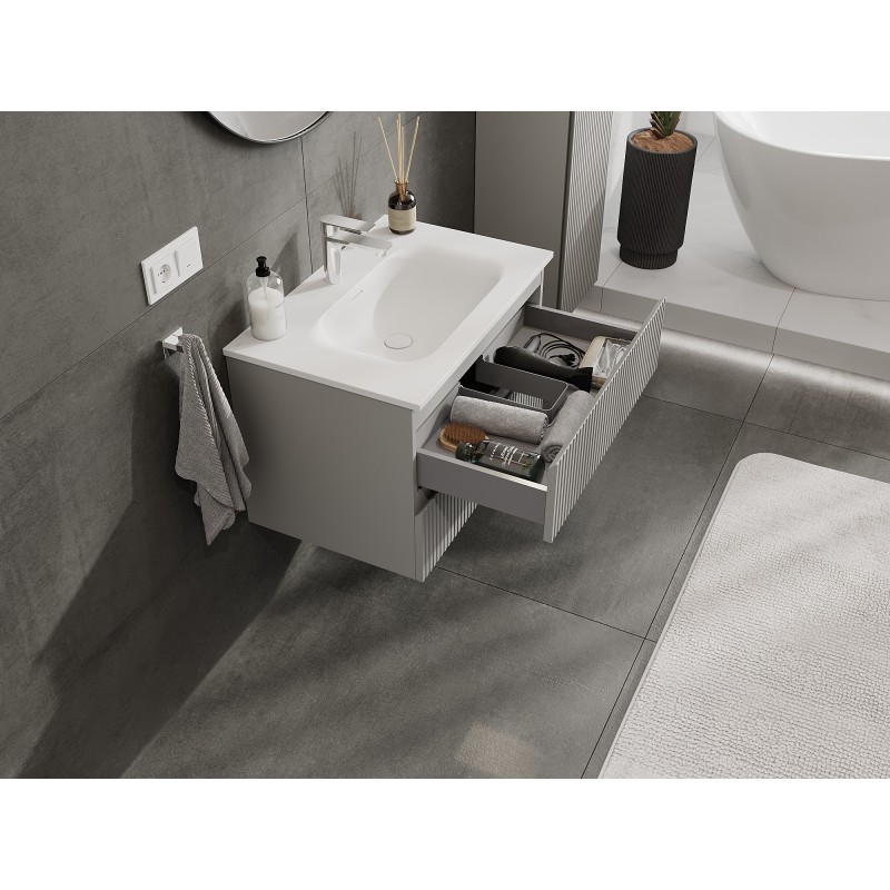 Mexen Rivel bathroom cabinet 70 cm with Vela sink, 2 drawers, grooved, grey matt/white matt - 91A20-07047-2-BFF62-W23M01