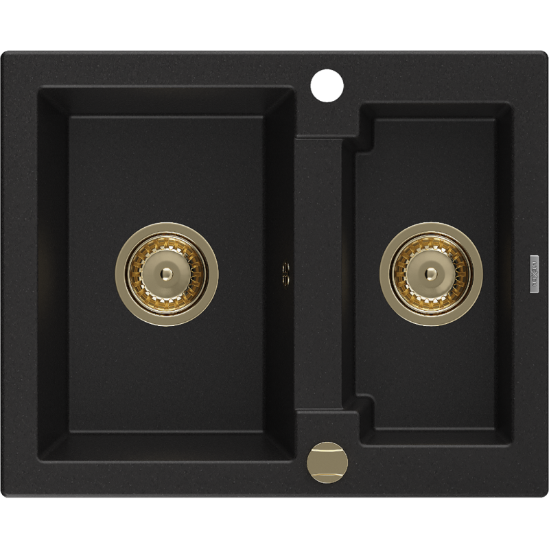 Mexen Carlos 1.5-compartment granite sink 582 x 475 mm, Black, siphon Gold - 6518581500-77-G