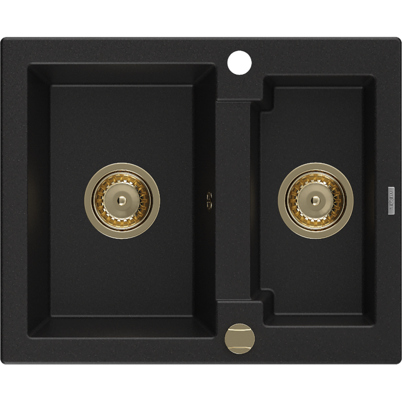 Mexen Carlos granite sink 1.5-bowl 582 x 475 mm, black, gold siphon - 6518581500-77-G