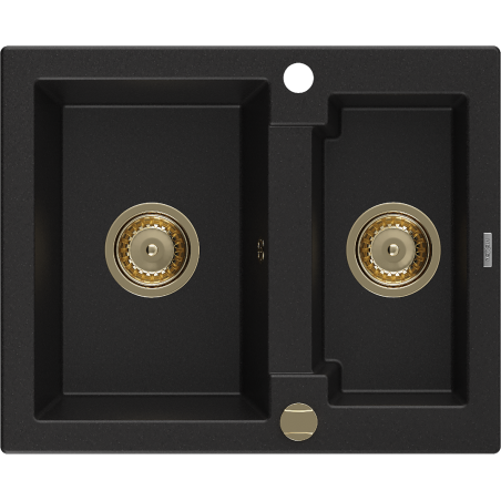 Mexen Carlos granite sink 1.5-bowl 582 x 475 mm, black, gold siphon - 6518581500-77-G