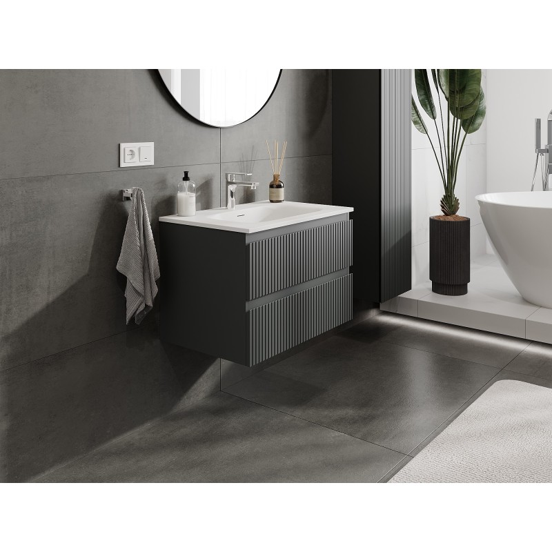 Mexen Rivel 70 cm bathroom cabinet with sink Vela, 2 drawers, grooved, matte graphite/matte white - 91A20-07047-2-BFF66-W23M0