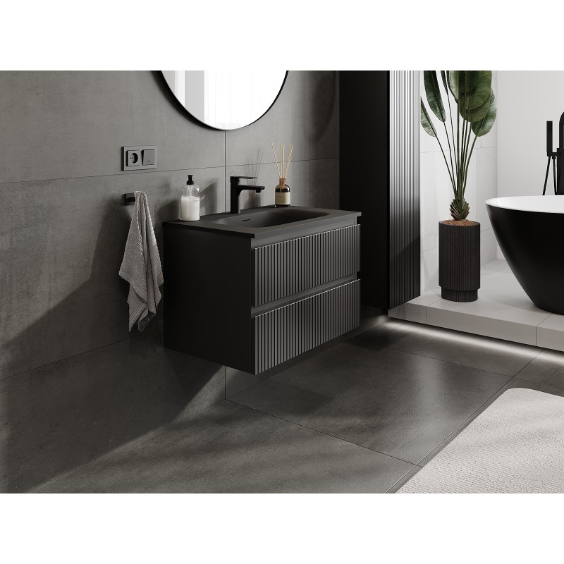 Mexen Rivel bathroom cabinet 70 cm with Vela sink, 2 drawers, grooved, black matte - 91A20-07047-2-BFF71-W23M71