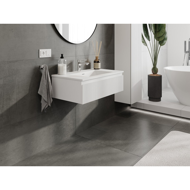 Mexen Rivel 80 cm bathroom cabinet with Otis sink, 1 drawer, grooved, white matte - 91A20-08023-1-BF01-W18M01