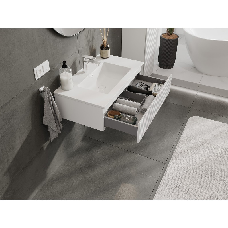 Mexen Rivel 80 cm bathroom cabinet with Otis sink, 1 drawer, grooved, white matte - 91A20-08023-1-BF01-W18M01