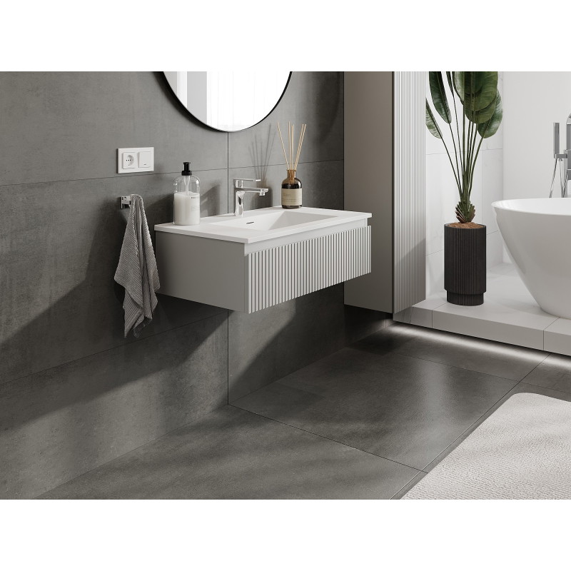 Mexen Rivel 80 cm Bathroom Cabinet with Otis Sink, 1 Drawer, Ribbed, Gray Matte/White Matte - 91A20-08023-1-BF62-W18M01