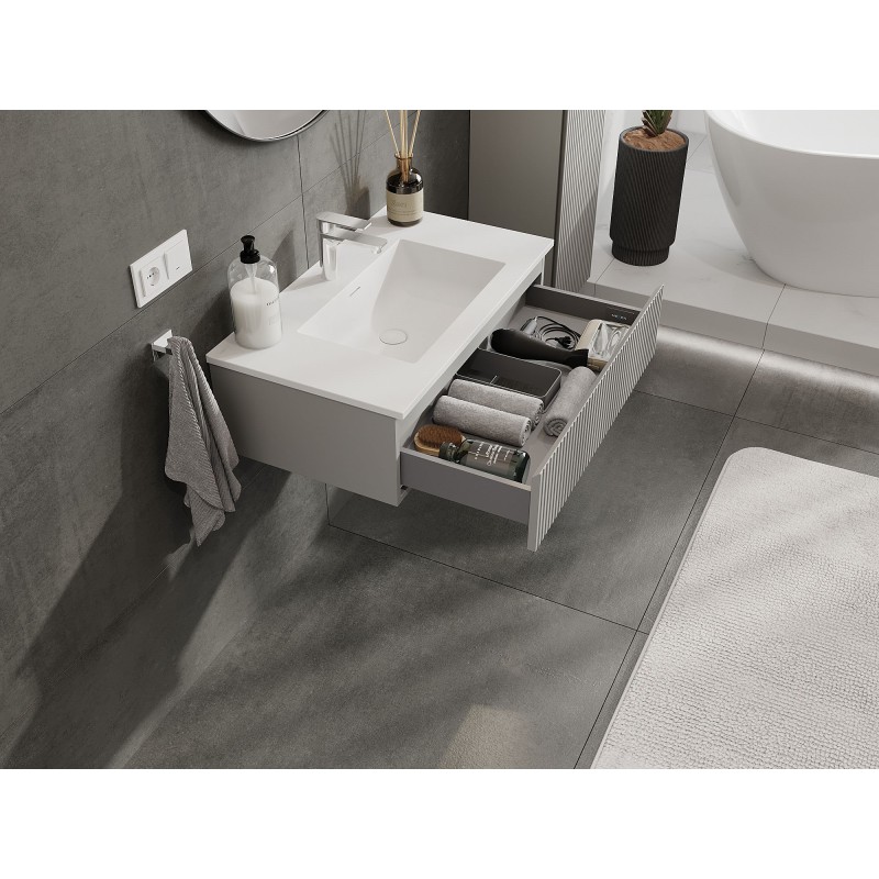 Mexen Rivel bathroom cabinet 80 cm with Otis basin, 1 drawer, fluted, grey matt/white matt - 91A20-08023-1-BF62-W18M01