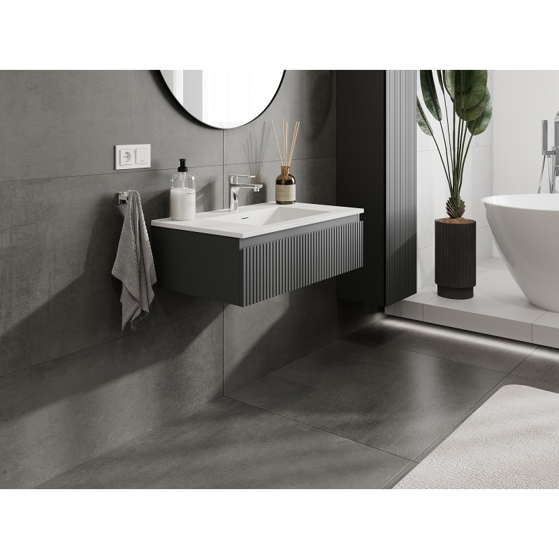 Mexen Rivel bathroom cabinet 80 cm with sink Otis, 1 drawer, grooved, matte graphite/white matte - 91A20-08023-1-BF66-W18M01