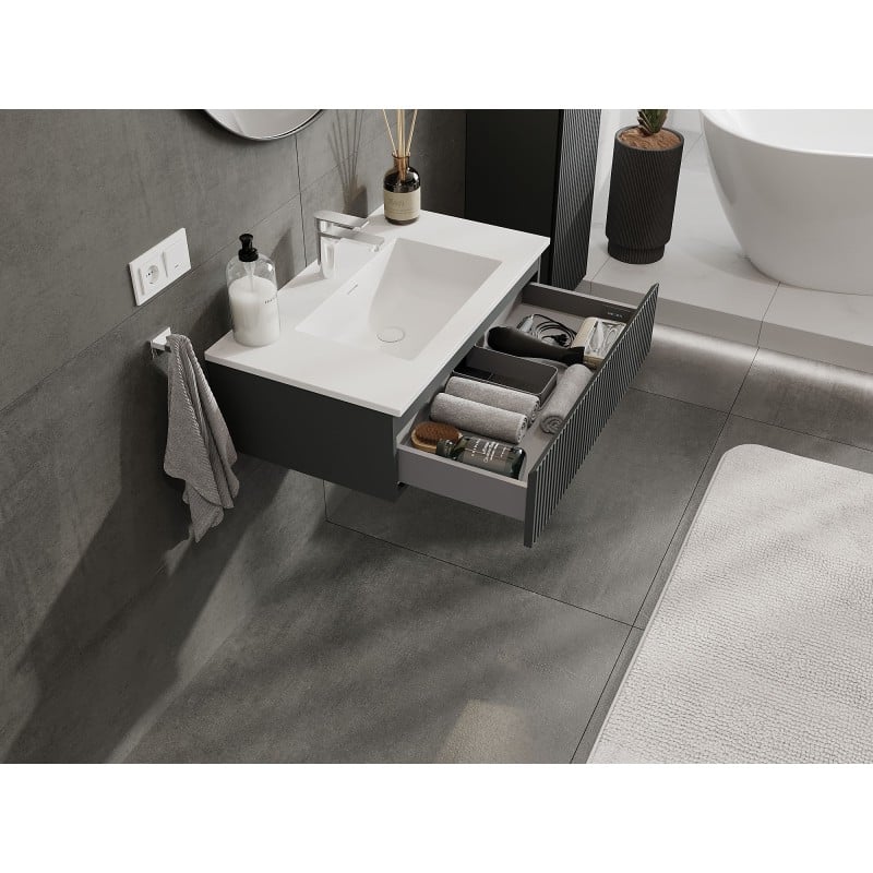 Mexen Rivel bathroom cabinet 80 cm with Otis sink, 1 drawer, fluted, graphite matt/white matt - 91A20-08023-1-BF66-W18M01