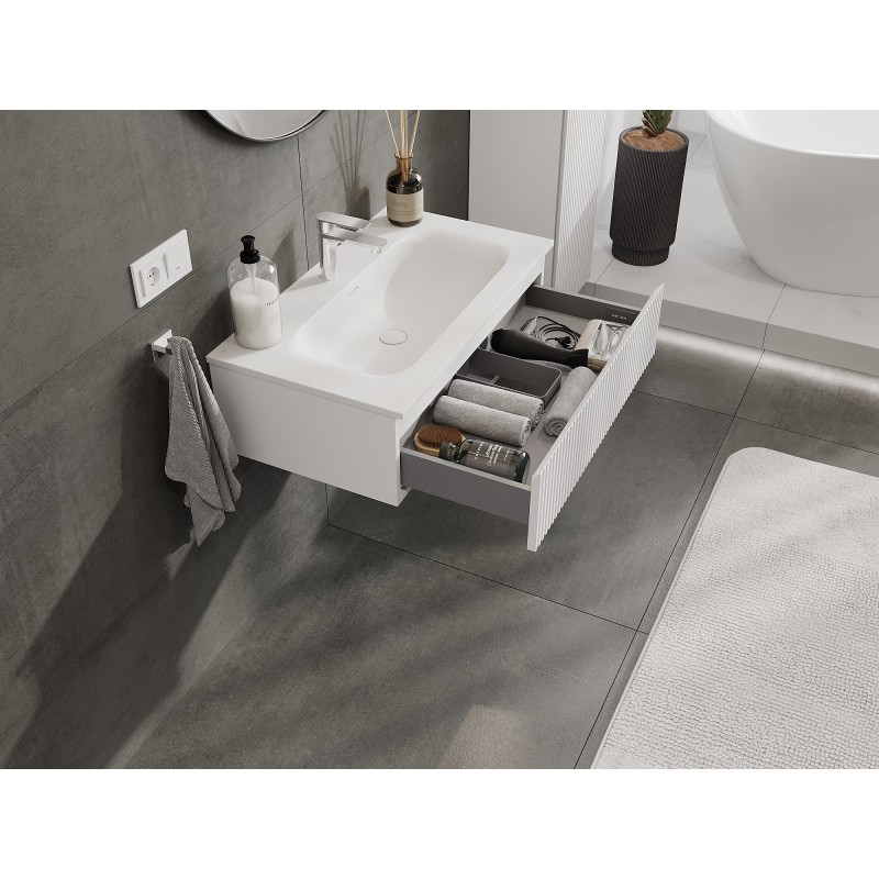 Mexen Rivel bathroom cabinet 80 cm with Vela washbasin, 1 drawer, fluted, white matte - 91A20-08023-1-BF01-W23M01