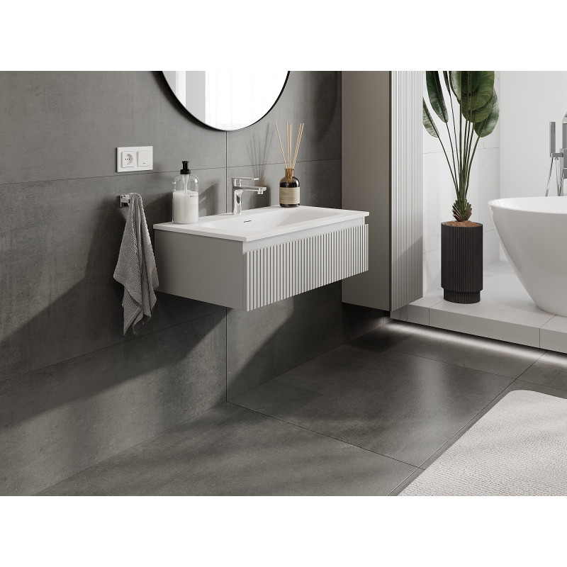 Mexen Rivel 80 cm bathroom cabinet with Vela sink, 1 drawer, fluted, gray matte/white matte - 91A20-08023-1-BF62-W23M01