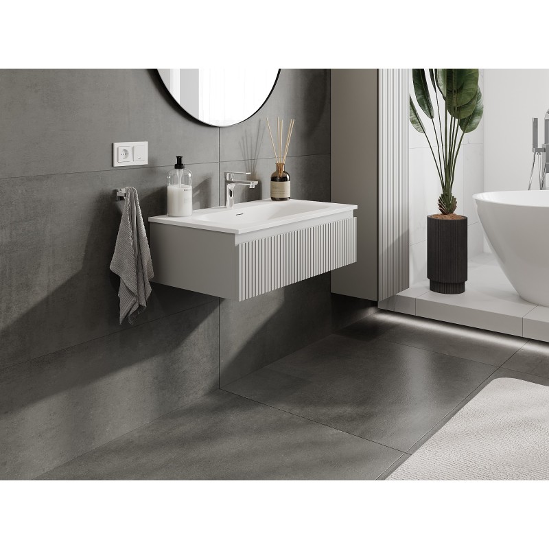 Mexen Rivel bathroom cabinet 80 cm with Vela sink, 1 drawer, grooved, grey matt/white matt - 91A20-08023-1-BF62-W23M01