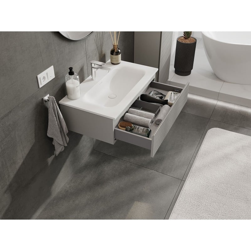 Mexen Rivel bathroom cabinet 80 cm with Vela sink, 1 drawer, grooved, grey matt/white matt - 91A20-08023-1-BF62-W23M01