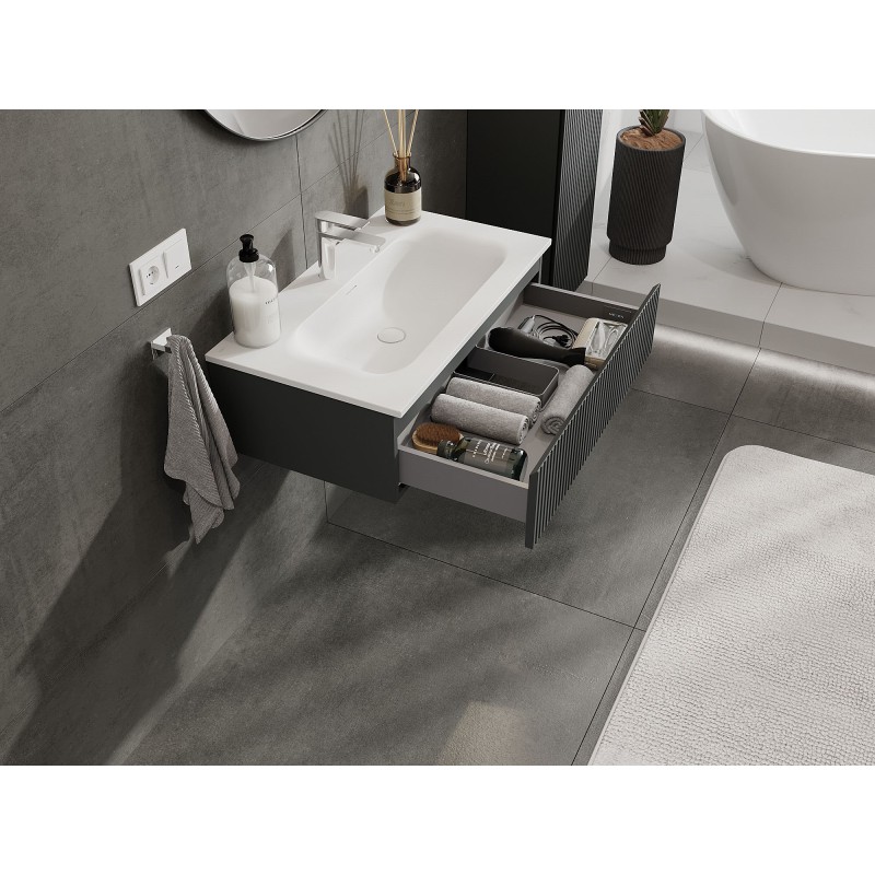 Mexen Rivel bathroom cabinet 80 cm with Vela sink, 1 drawer, fluted, matte graphite/white matte - 91A20-08023-1-BF66-W23M01