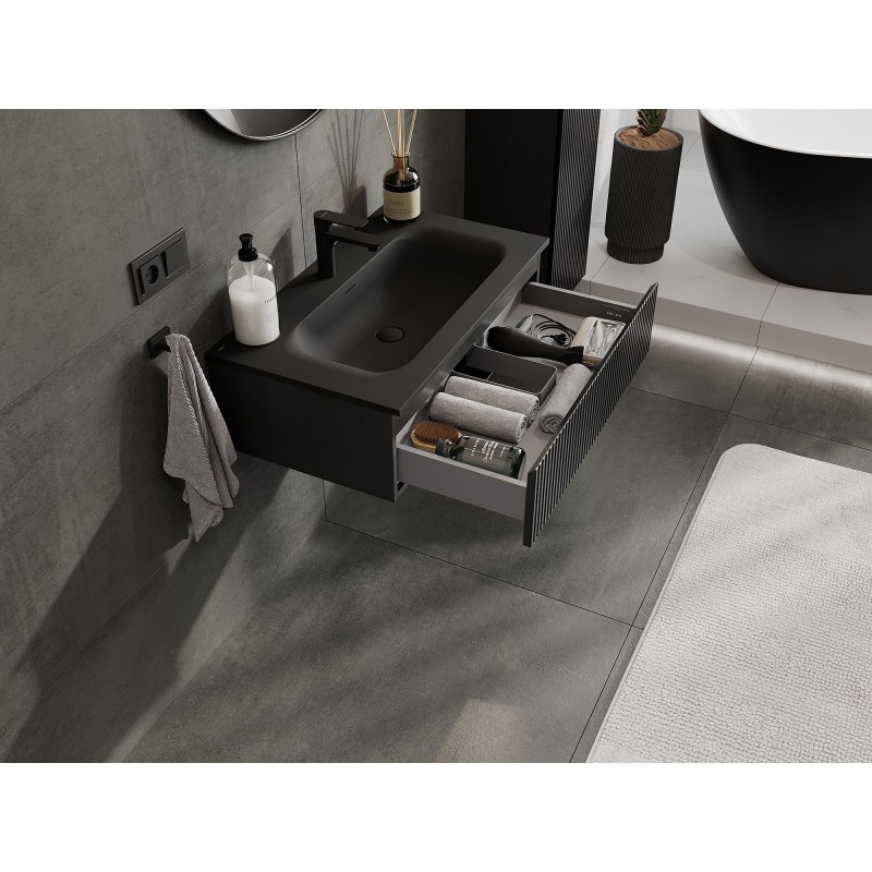 Mexen Rivel bathroom cabinet 80 cm with Vela basin, 1 drawer, fluted, black matte - 91A20-08023-1-BF71-W23M71