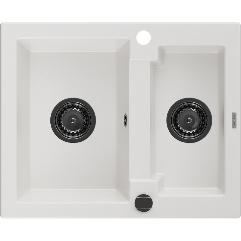 Mexen Carlos 1.5-bowl granite sink 582 x 475 mm, white, black siphon - 6518581500-20-B