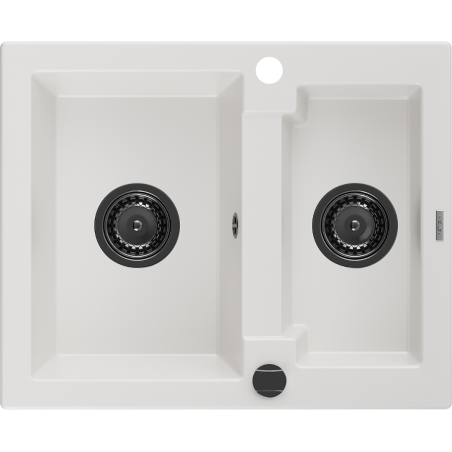 Mexen Carlos 1.5-bowl granite sink 582 x 475 mm, white, black siphon - 6518581500-20-B