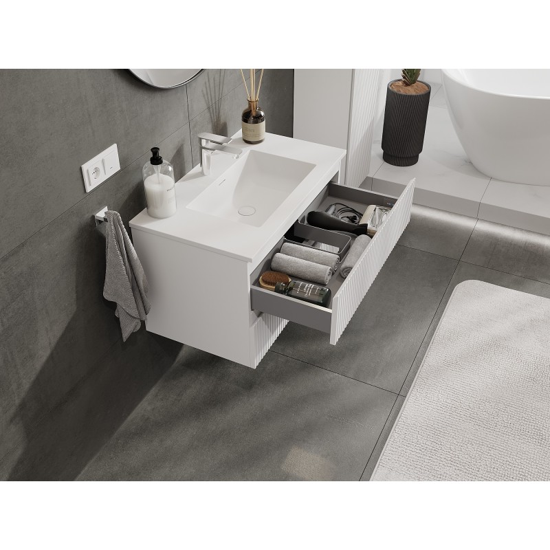 Mexen Rivel bathroom cabinet 80 cm with Otis washbasin, 2 drawers, fluted, white matte - 91A20-08047-2-BFF01-W18M01